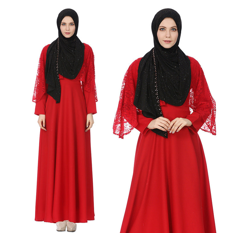 Chic Street-Style Lace-Trimmed Abaya Dress