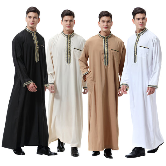 Modern Men's Stand Collar Robe - Middle Eastern Applique Design