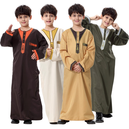 Elegant Embroidered Round Neck Boys' Thobe - Middle Eastern Style