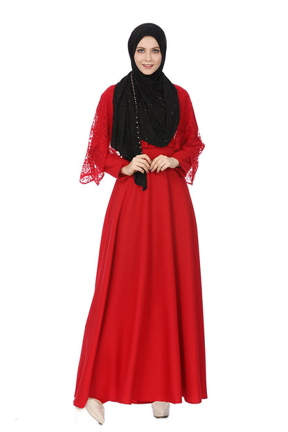 Chic Street-Style Lace-Trimmed Abaya Dress