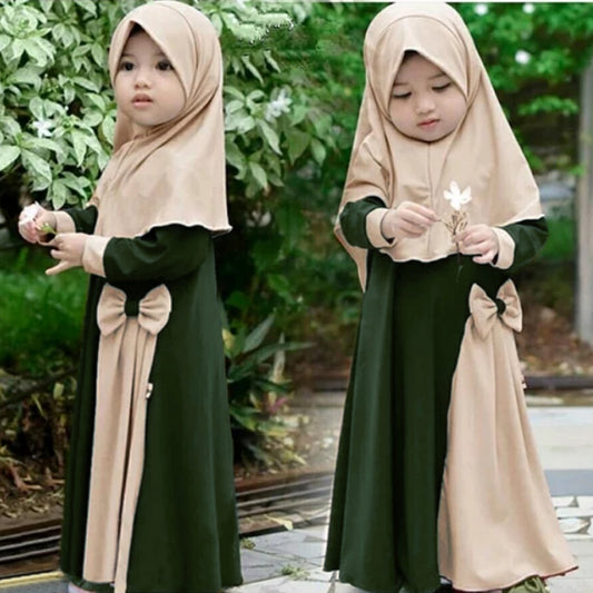 Girls' Long Sleeve Bowknot Long Dress with Head Scarf - Toddlers to Young Children