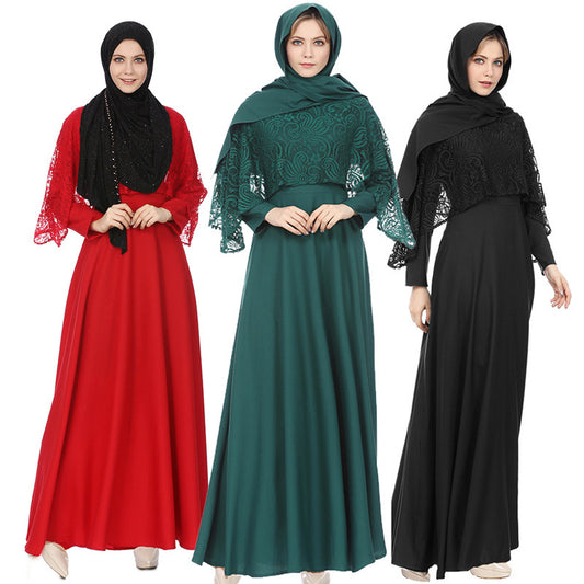 Chic Street-Style Lace-Trimmed Abaya Dress