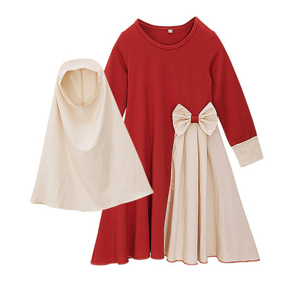 Girls' Long Sleeve Bowknot Long Dress with Head Scarf - Toddlers to Young Children