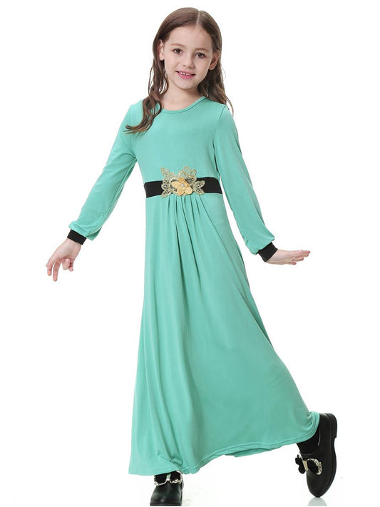 Elegant Girls' Floral Abaya Dress - Long Sleeve Kaftan Maxi Gown