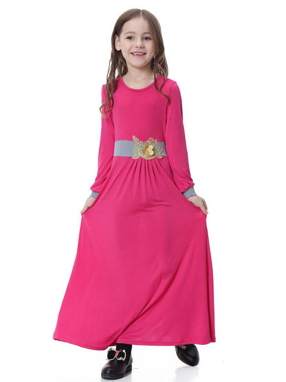 Elegant Girls' Floral Abaya Dress - Long Sleeve Kaftan Maxi Gown