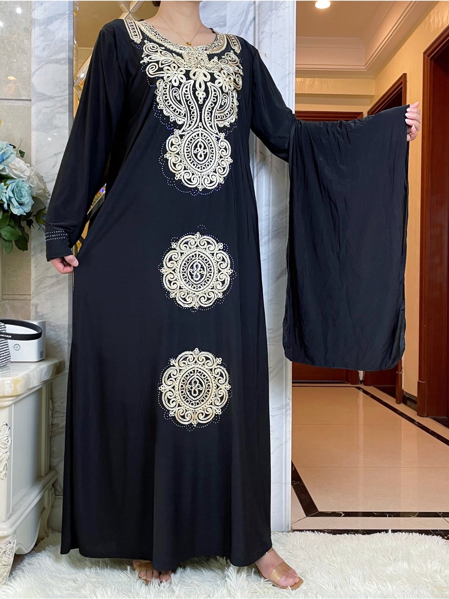 Chic Embroidered Abaya Kaftan with Scarf - Ice Silk Maxi Dress