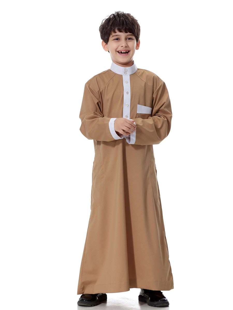 Stylish Saudi Style Boys' Thobe - Casual Long Sleeve Middle Eastern Dress