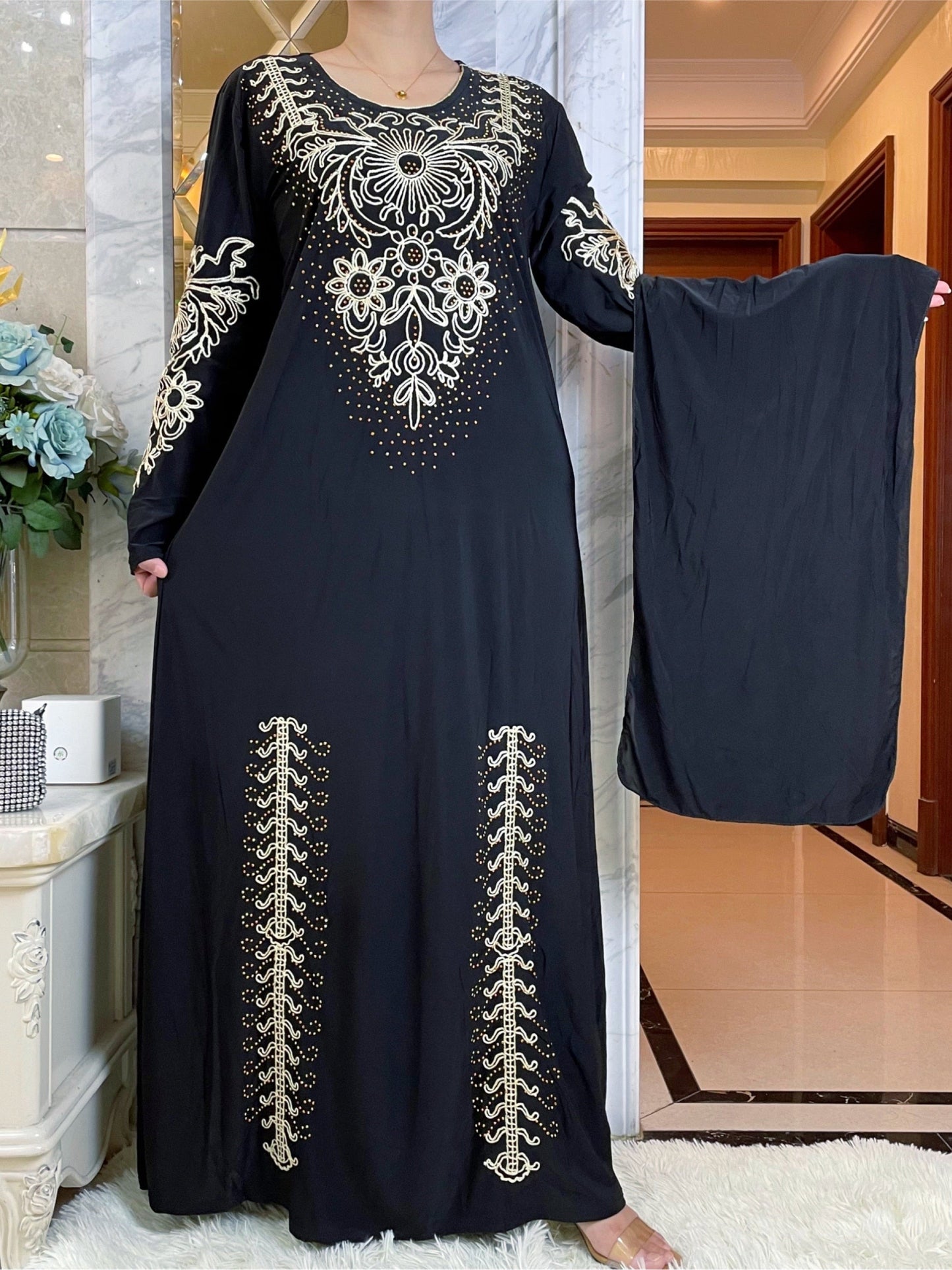 Embroidered Ice Silk Abaya Kaftan - Elegant & Comfortable