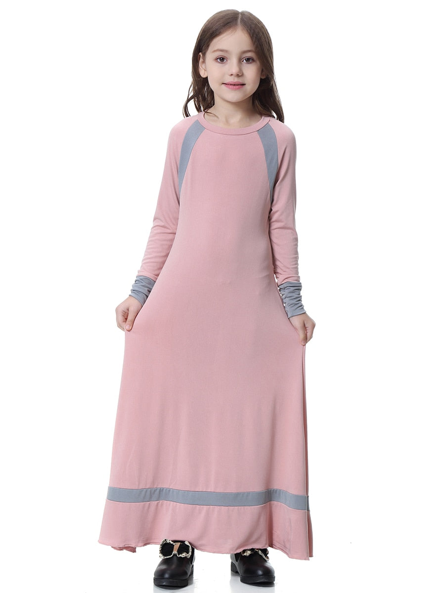 Elegant Girls' Abaya Dress - Stripe-Decorated Long Sleeve Kaftan Gown