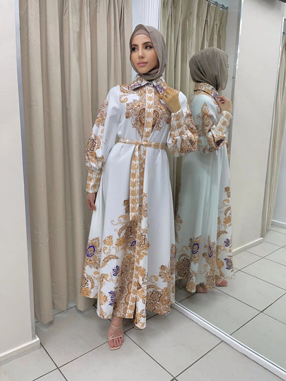 Elegant Gold Floral Print Muslim Women's Abaya