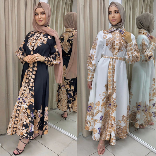 Elegant Gold Floral Print Muslim Women's Abaya