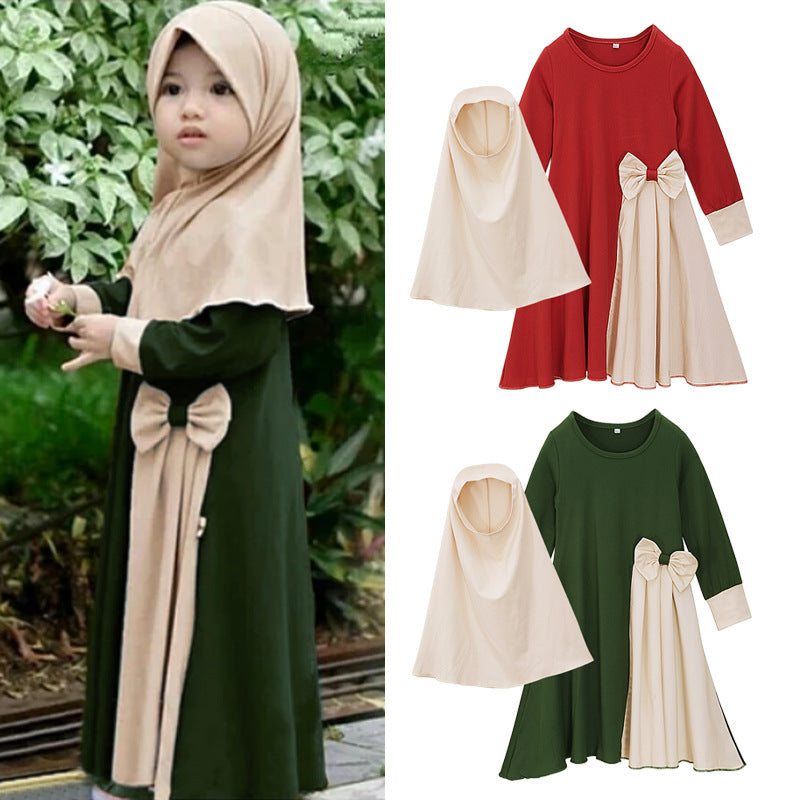 Girls' Long Sleeve Bowknot Long Dress with Head Scarf - Toddlers to Young Children