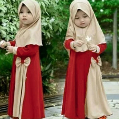 Girls' Long Sleeve Bowknot Long Dress with Head Scarf - Toddlers to Young Children